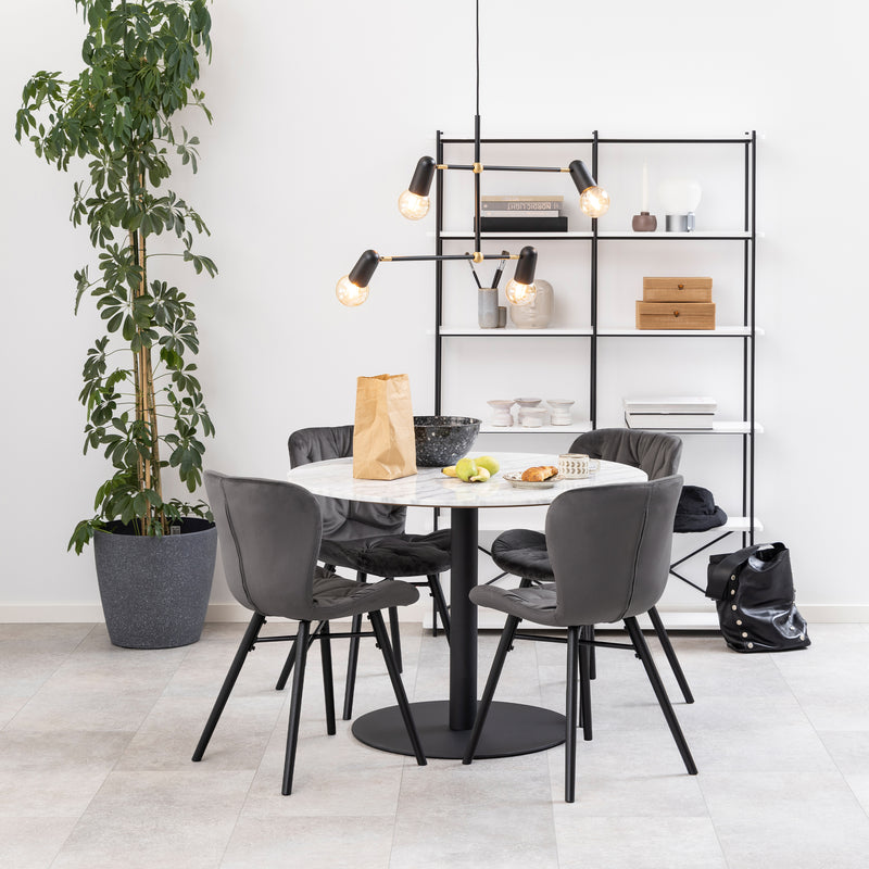 Corby Round Dining Table with White Polished Marble Top & Black Base — side angle