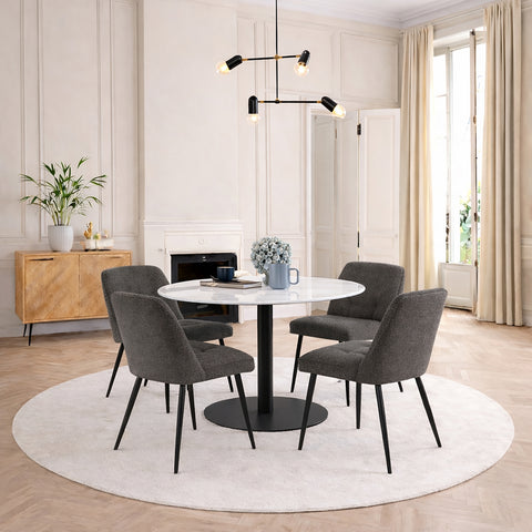 Corby Round Dining Table with White Polished Marble Top & Black Base includes 4 Brooke Dining Chairs in Taupe — front view