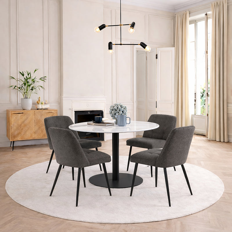 Corby Round Dining Table with White Polished Marble Top & Black Base includes 4 Brooke Dining Chairs in Taupe — front view
