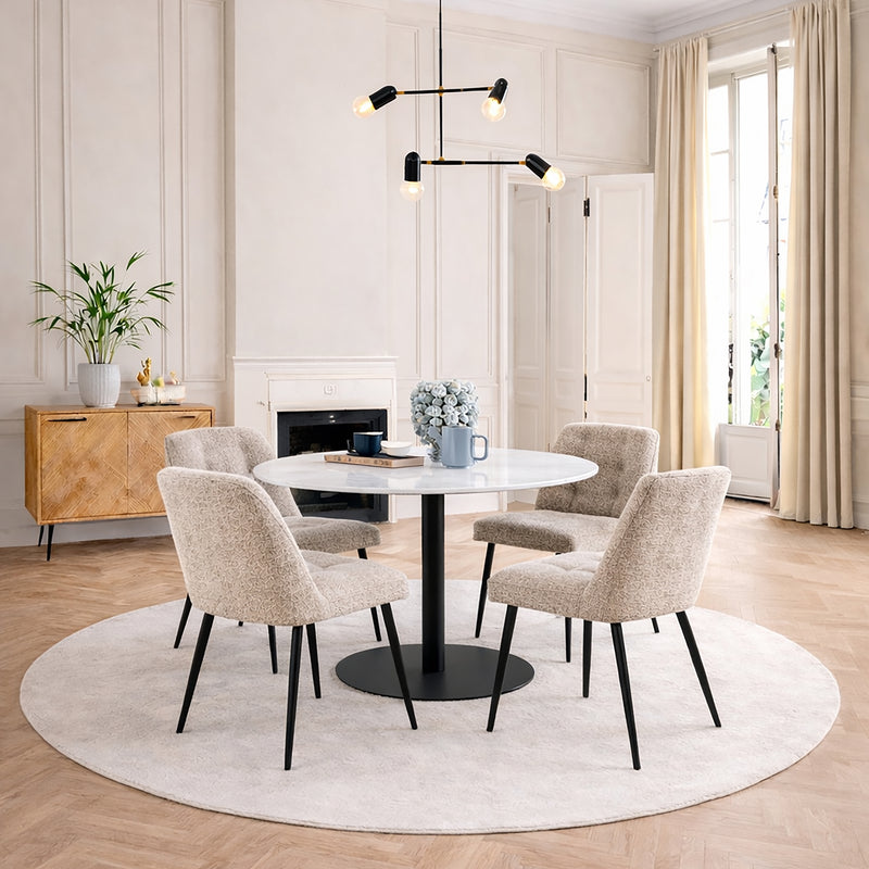 Corby Round Dining Table with White Polished Marble Top & Black Base includes 4 Brooke Dining Chairs in Beige — front view
