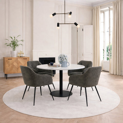 Corby Round Dining Table with White Polished Marble Top & Black Base includes 4 Brooke Dining Chairs with Arm Rest in Taupe — front view