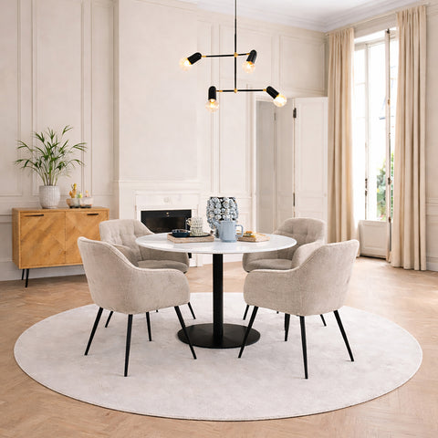 Corby Round Dining Table with White Polished Marble Top & Black Base includes 4 Brooke Dining Chairs with Arm Rest in Monza Beige — front view