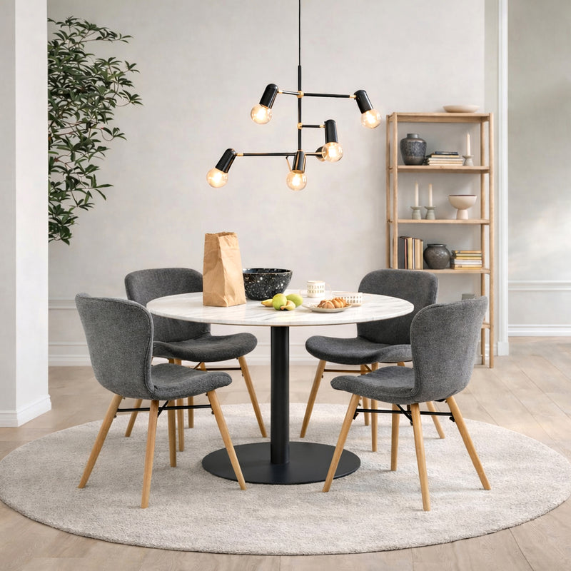 Corby Round Dining Table with White Polished Marble Top & Black Base includes 4 Batilda Dining Chairs in Grey/Oak — front view