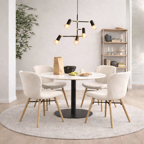Corby Round Dining Table with White Polished Marble Top & Black Base includes 4 Batilda Dining Chairs in Cream/Oak — front view