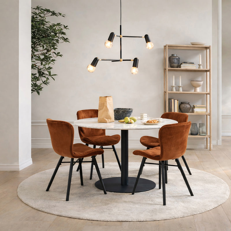 Corby Round Dining Table with White Polished Marble Top & Black Base includes 4 Batilda Dining Chairs in Copper — view