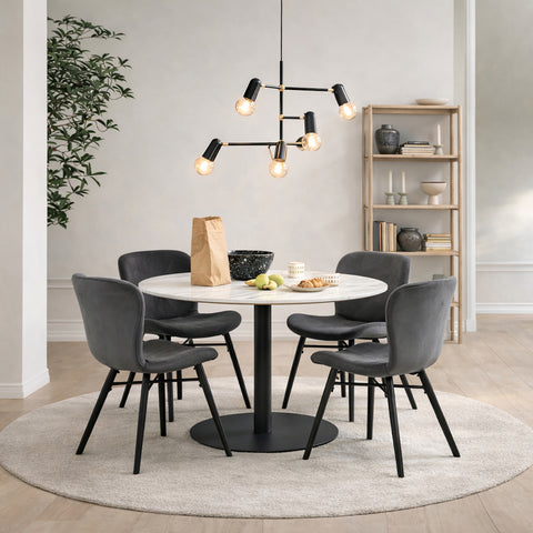 Corby Round Dining Table with White Polished Marble Top & Black Base includes 4 Batilda Dining Chairs in Dark Grey — view