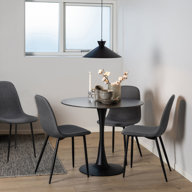 Malta Ceramic Round Dining Table in Black 90cm includes 4 Celia Dining Chairs in Light Grey — front view