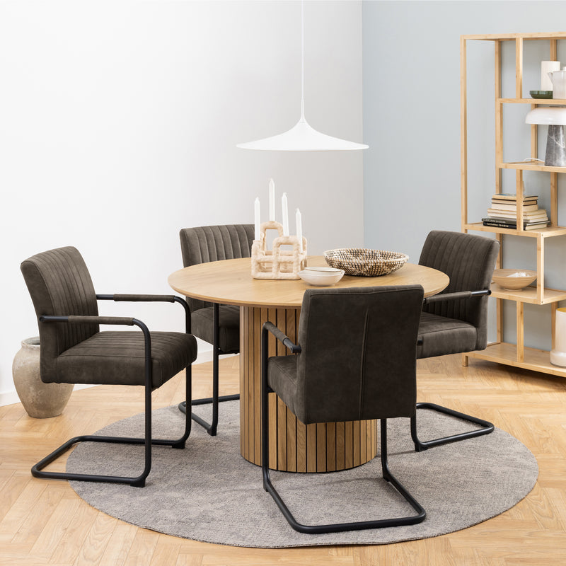 Yale Dining Table in Oak 120cm includes 4 Adele Dining Chairs in Grey Fabric — front view