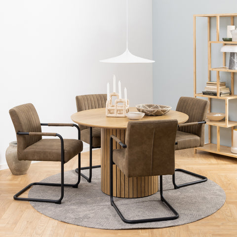 Yale Dining Table in Oak 120cm includes 4 Adele Dining Chairs in Light Brown Fabric — front view