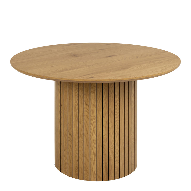 Yale Dining Table in Oak 120cm includes 4 Adele Dining Chairs in Light Brown Fabric — side angle