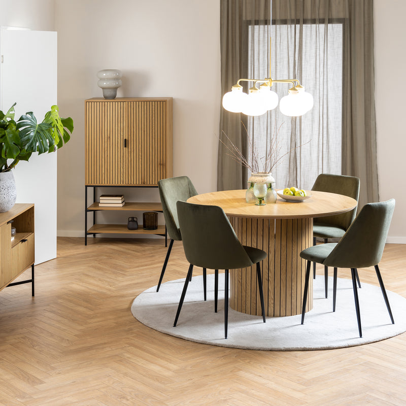 Yale Dining Table in Oak 120cm includes 4 Ines Dining Chairs in Olive Green — front view