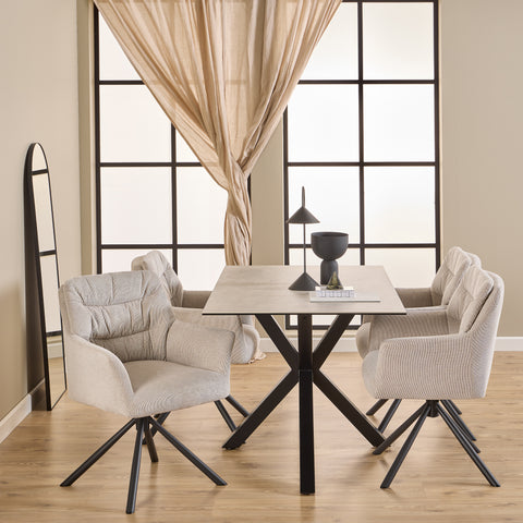 Heaven Dining Table with Ceramic White Top 135x80cm includes 4 Alonso Swivel Cream Dining Chairs with Armrest — front view
