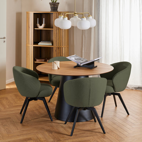 Soli Round Dining Table in Oak/Black 120cm includes 4 Darlene Dining Chairs with Armrest and Swivel Function in Green — front view