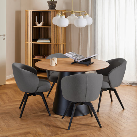 Soli Round Dining Table in Oak/Black 120cm includes 4 Darlene Dining Chairs with Armrest and Swivel Function in Grey — front view