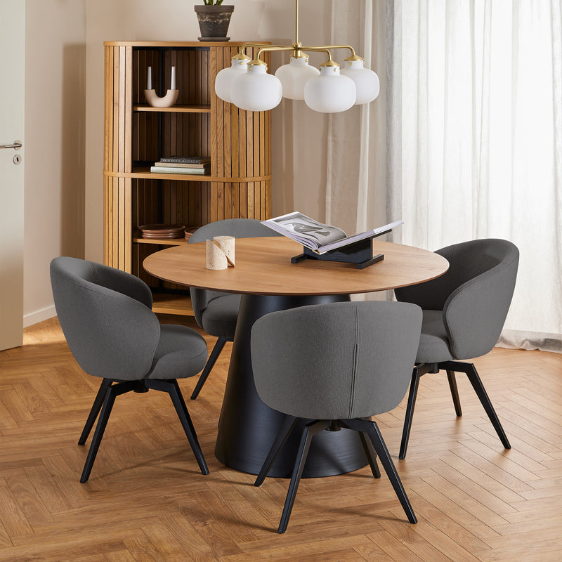 Soli Round Dining Table in Oak/Black 120cm includes 4 Darlene Dining Chairs with Armrest and Swivel Function in Grey — front view
