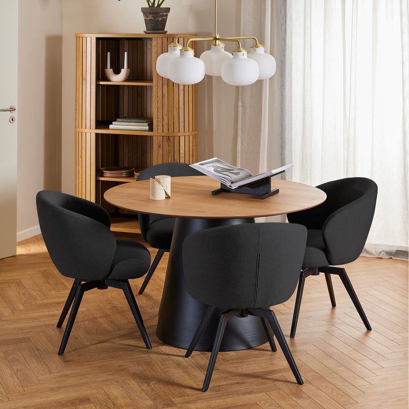 Soli Round Dining Table in Oak/Black 120cm includes 4 Darlene Dining Chairs with Armrest and Swivel Function in Black — front view