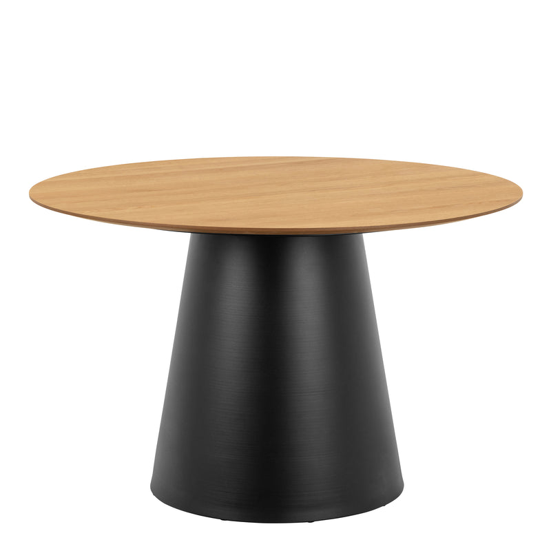 Soli Round Dining Table in Oak/Black 120cm includes 4 Darlene Dining Chairs with Armrest and Swivel Function in Black — side angle