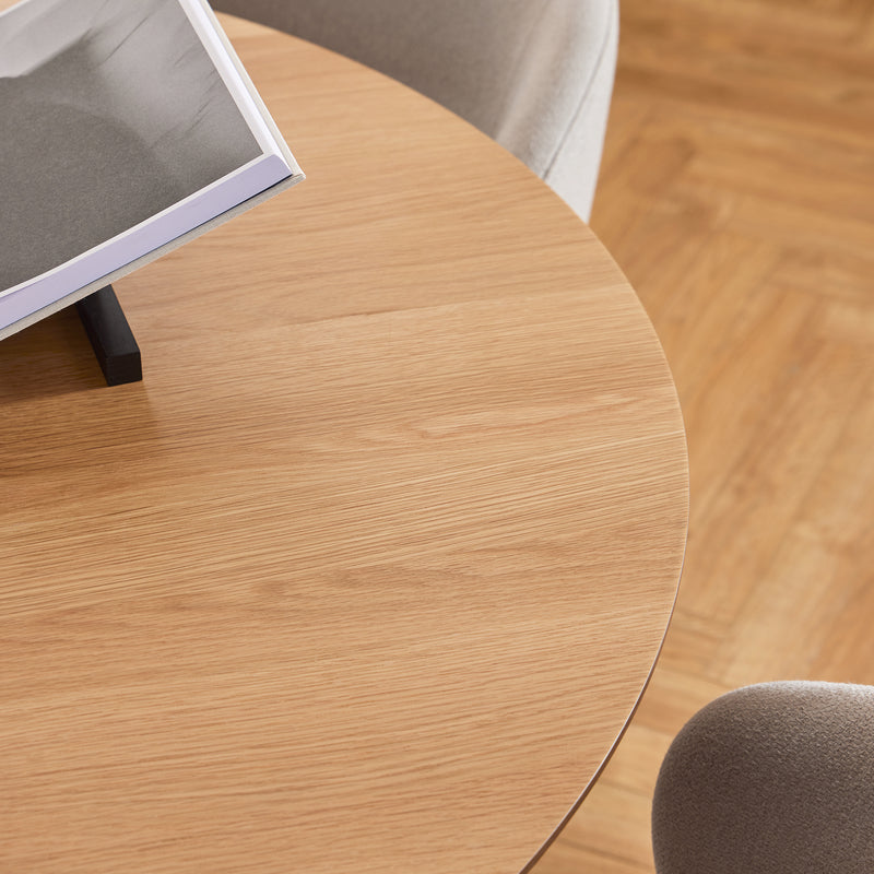 Soli Round Dining Table in Oak/Black 120cm includes 4 Darlene Dining Chairs with Armrest and Swivel Function in Beige — alternative angle