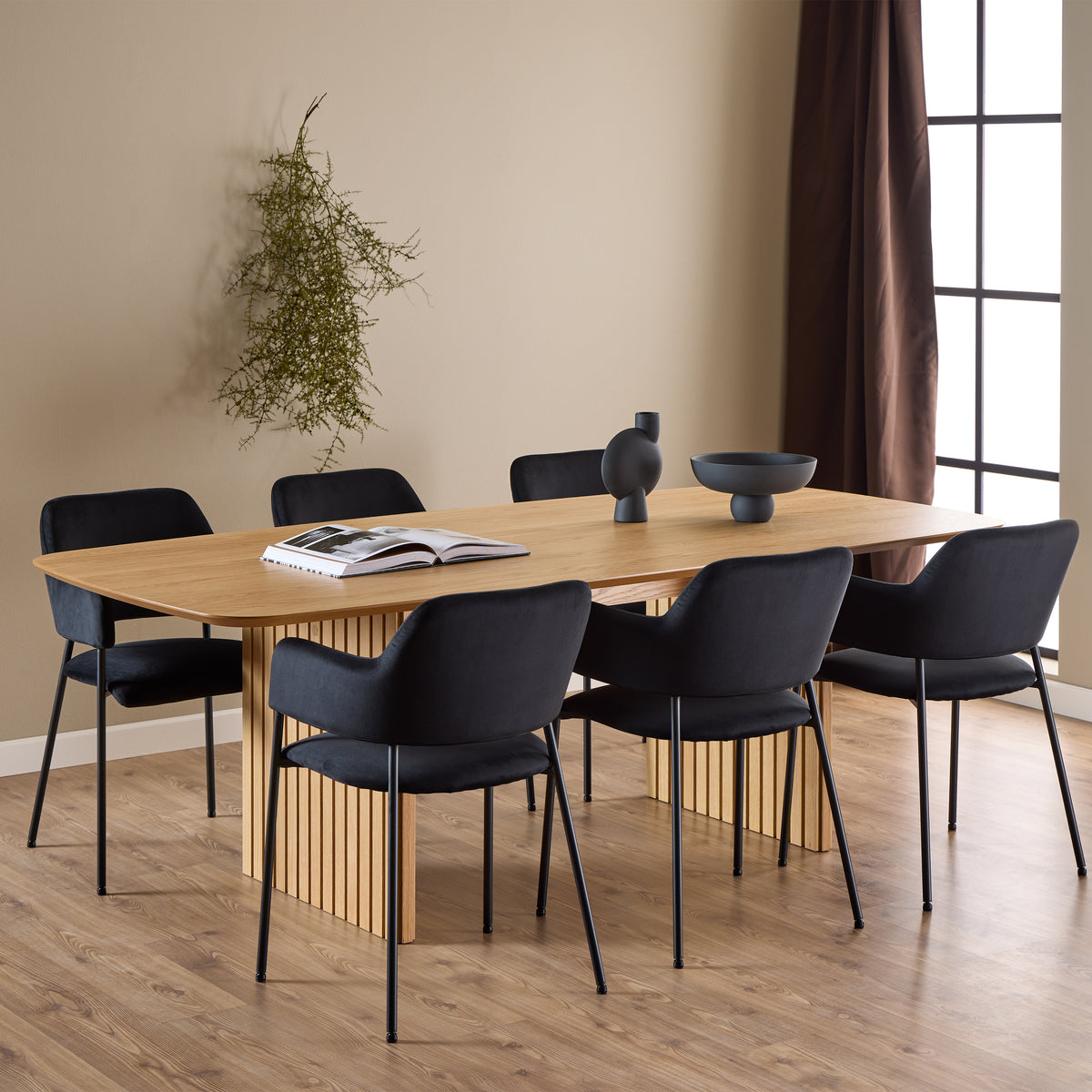 Christo Dining Table in Oak 220x105cm including 6 Lima Dining Chairs with Armrest in Black — front view