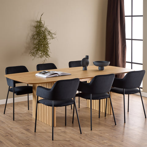 Christo Dining Table in Oak 220x105cm including 6 Lima Dining Chairs with Armrest in Black — front view