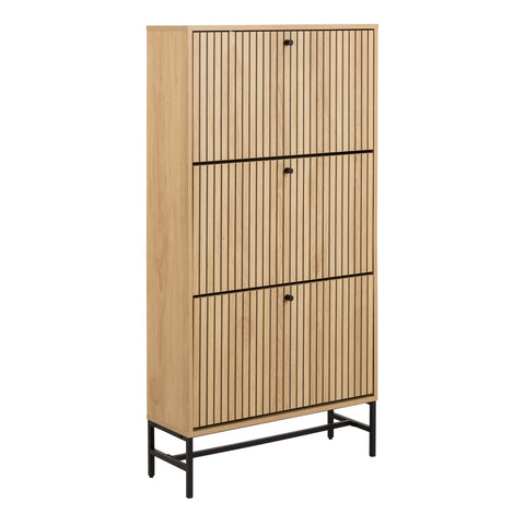 Albany Shoe Cabinet 3 Flip Down Doors in Oak/Black Legs — front view