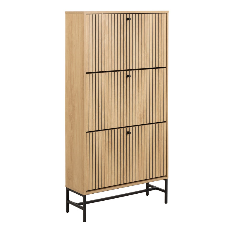 Albany Shoe Cabinet 3 Flip Down Doors in Oak/Black Legs — front view