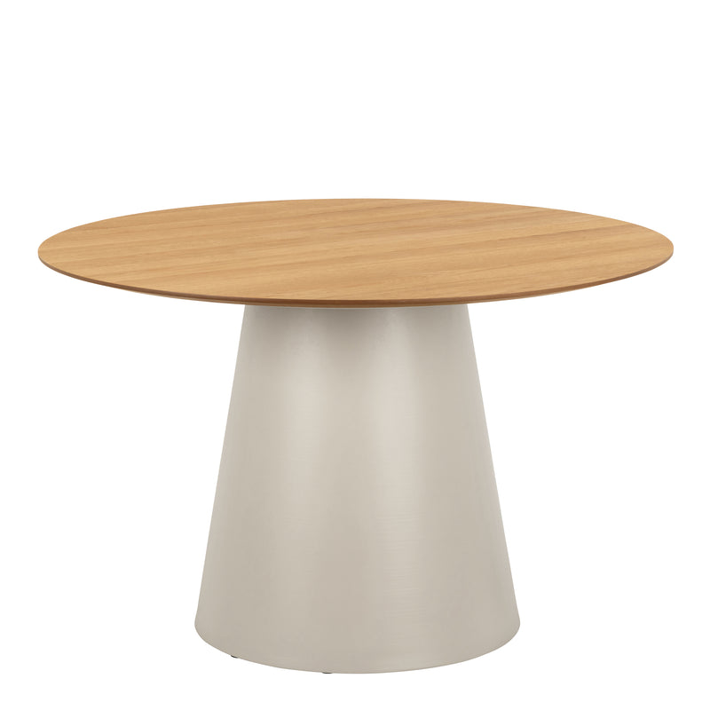 Soli Round Dining Table in Oak/Grey 120cm includes 4 Ella Swivel Beige Dining Chairs — side angle