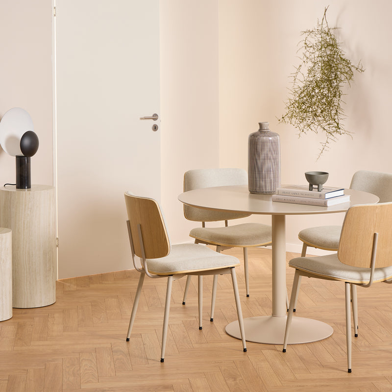 Ibiza Round Dining Table with Beige Top and Matt Beige Base 110x74cm — side angle