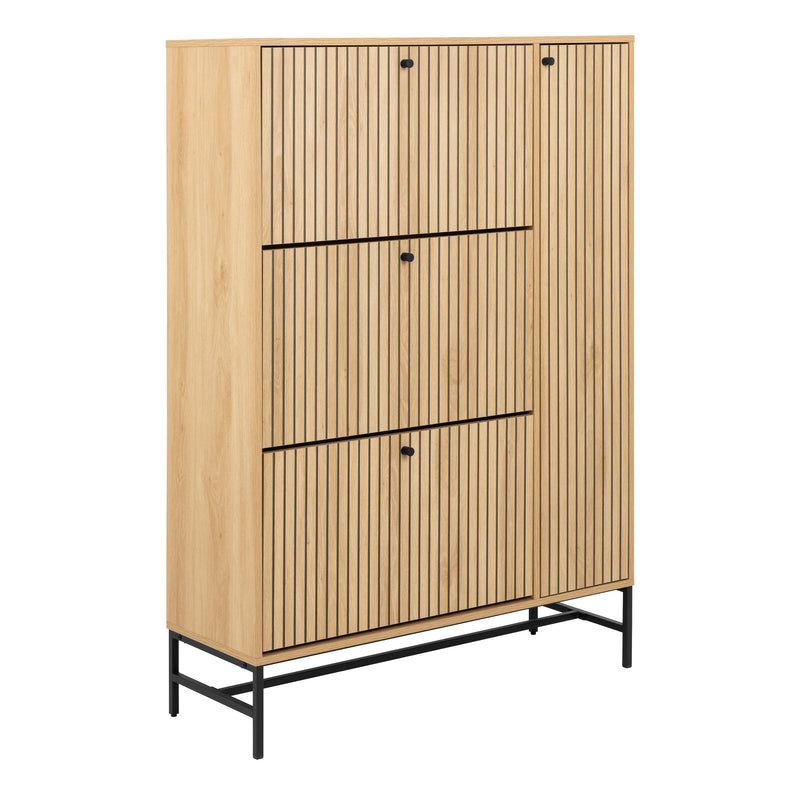 Albany Shoe Cabinet 3 Flip Down Doors 1 Pull Open Door in Oak/Black Legs — front view