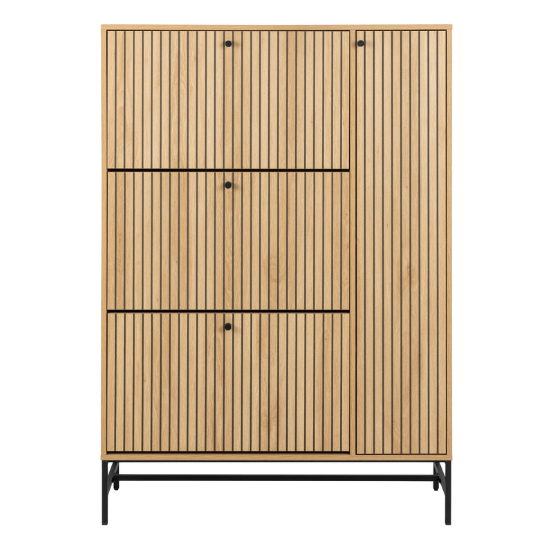 Albany Shoe Cabinet 3 Flip Down Doors 1 Pull Open Door in Oak/Black Legs — side angle