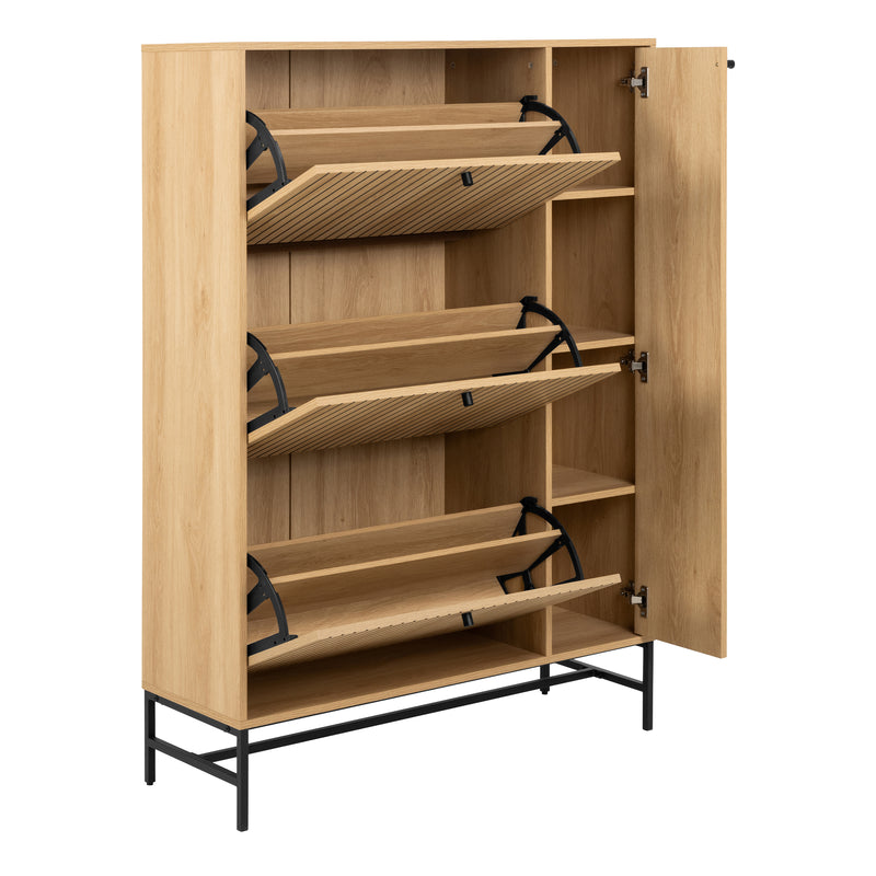 Albany Shoe Cabinet 3 Flip Down Doors 1 Pull Open Door in Oak/Black Legs — alternative angle