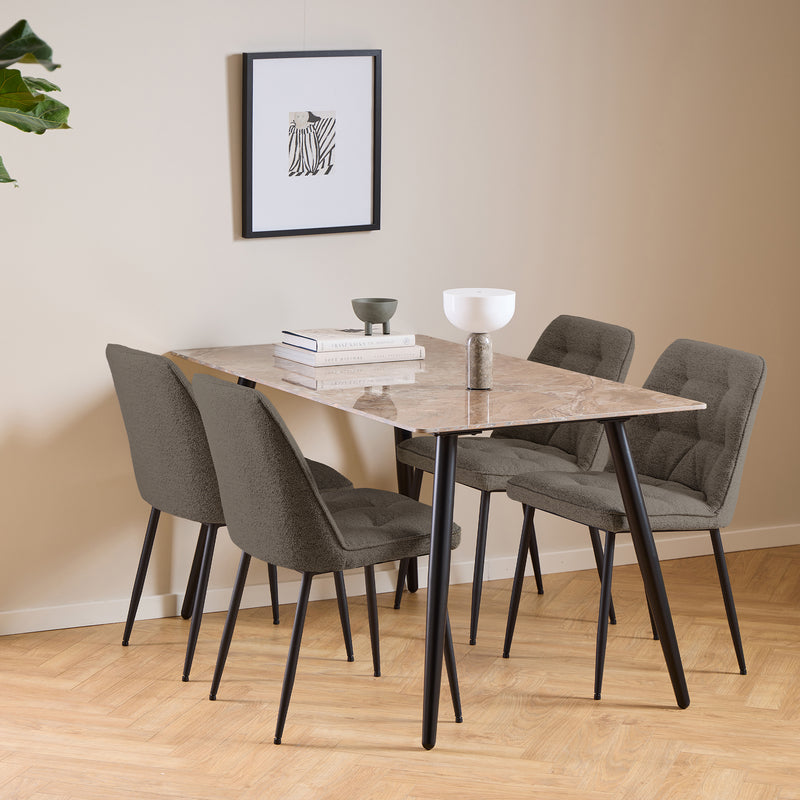 Wicklow Ceramic Dining Table Brown/Black 140x80cm includes 4 Brooke Dining Chairs in Taupe — front view