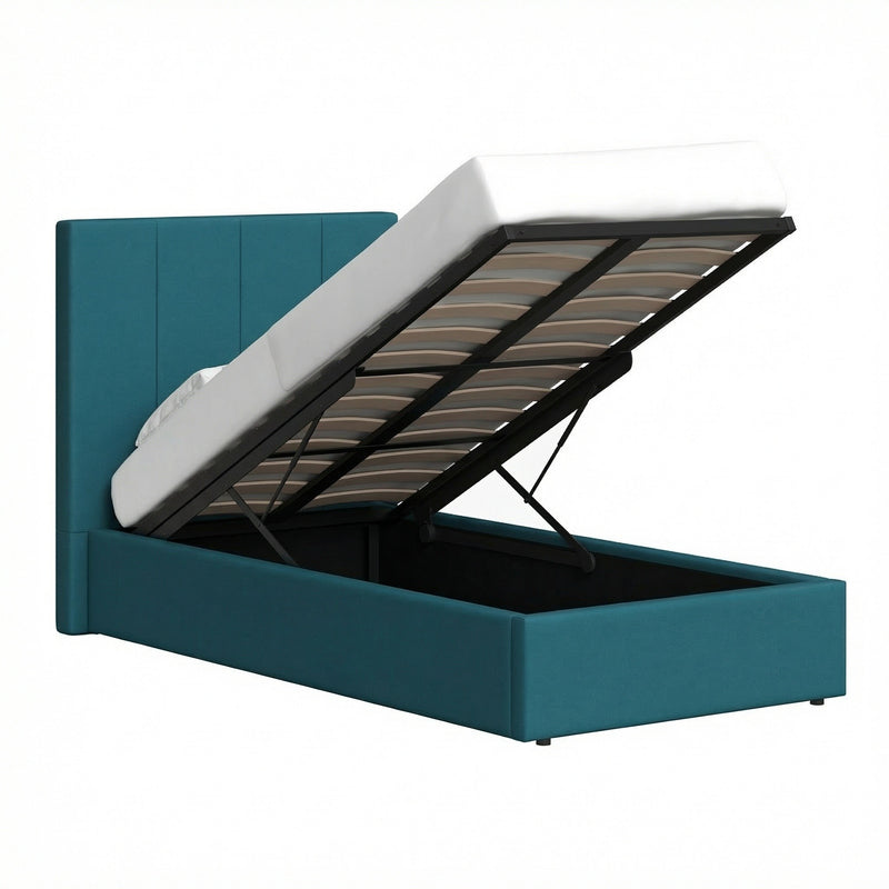 Hoscar Single Ottoman Storage Bedframe - Dolphin Blue Fabric