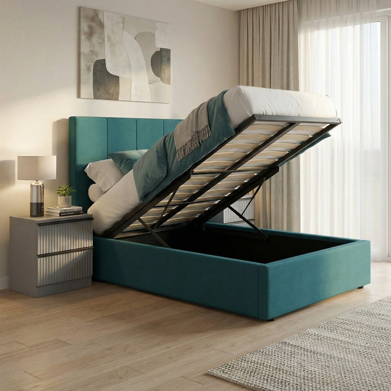 Hoscar Single Ottoman Storage Bedframe - Dolphin Blue Fabric