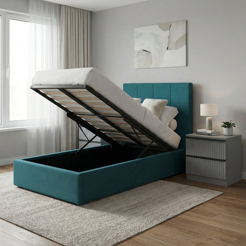 Hoscar Single Ottoman Storage Bedframe - Dolphin Blue Fabric