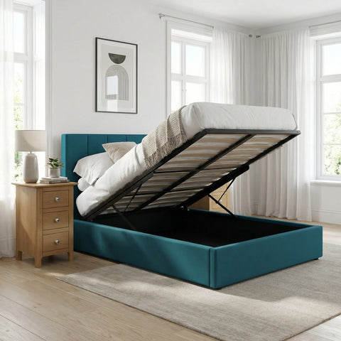 Hoscar Small Double Ottoman Storage Bedframe - Dolphin Blue Fabric
