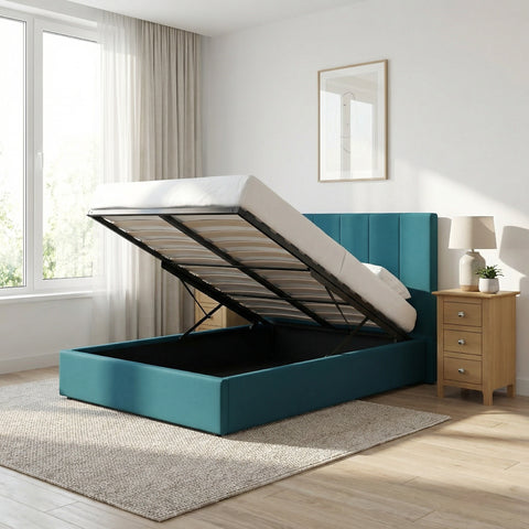 Hoscar Double Size Ottoman Storage Bedframe - Dolphin Blue Fabric
