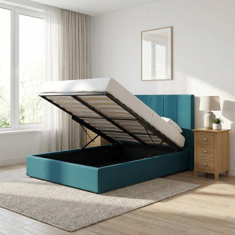 Hoscar Double Size Ottoman Storage Bedframe - Dolphin Blue Fabric