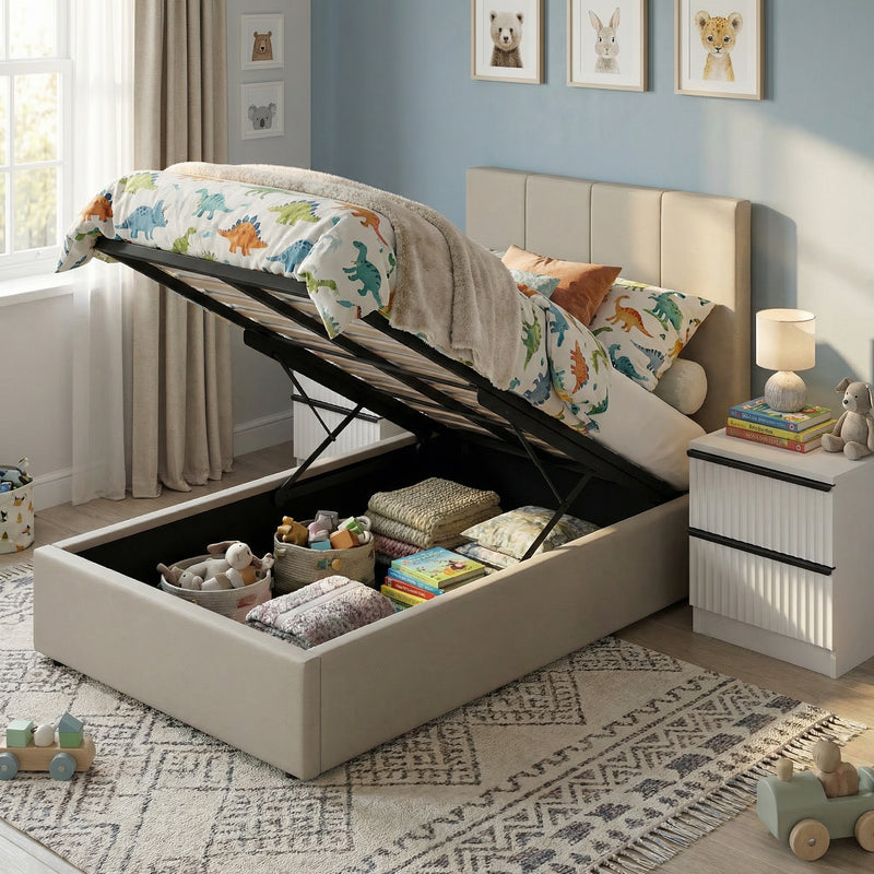 Hoscar Single Ottoman Storage Bedframe - Oatmeal Fabric
