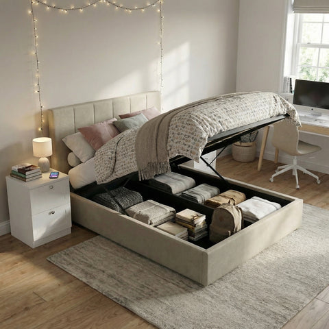Hoscar Small Double Ottoman Storage Bedframe - Oatmeal Fabric