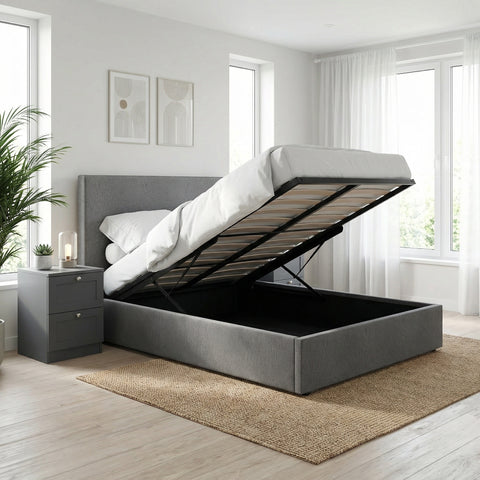 Rufford King Size Ottoman Storage Bedframe - Fossil Grey Fabric