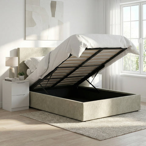 Rufford King Size Ottoman Storage Bedframe - Marbled Sand Fabric