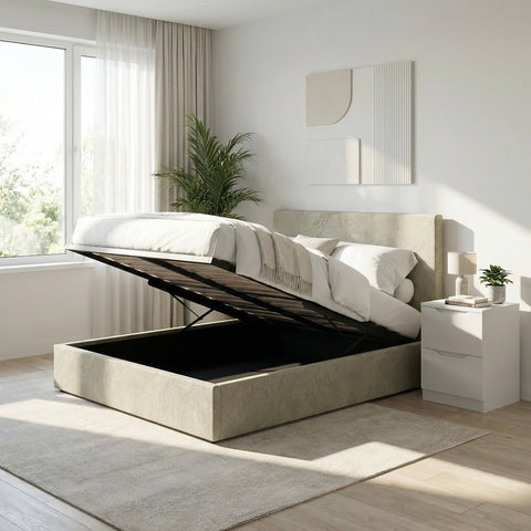 Rufford Small Double Ottoman Storage Bedframe - Marbled Sand Fabric