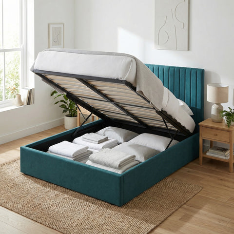 Sollom Double Size Tall Ottoman Storage Bedframe - Marbled Teal Fabric