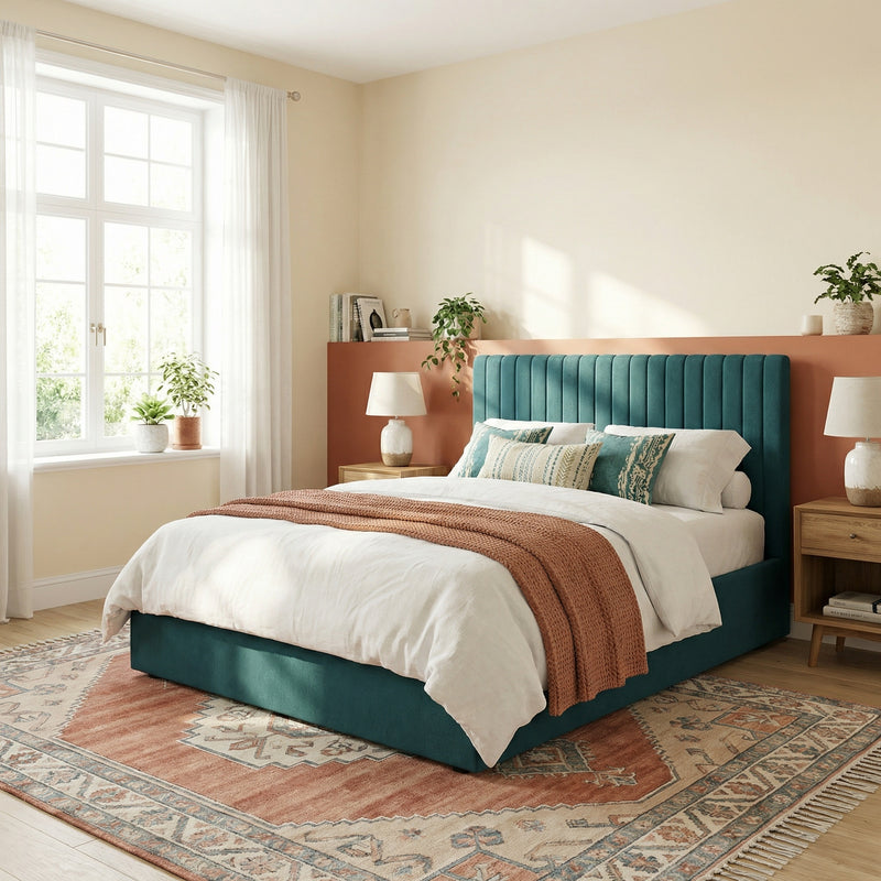 Sollom King Size Tall Ottoman Storage Bedframe - Marbled Teal Fabric
