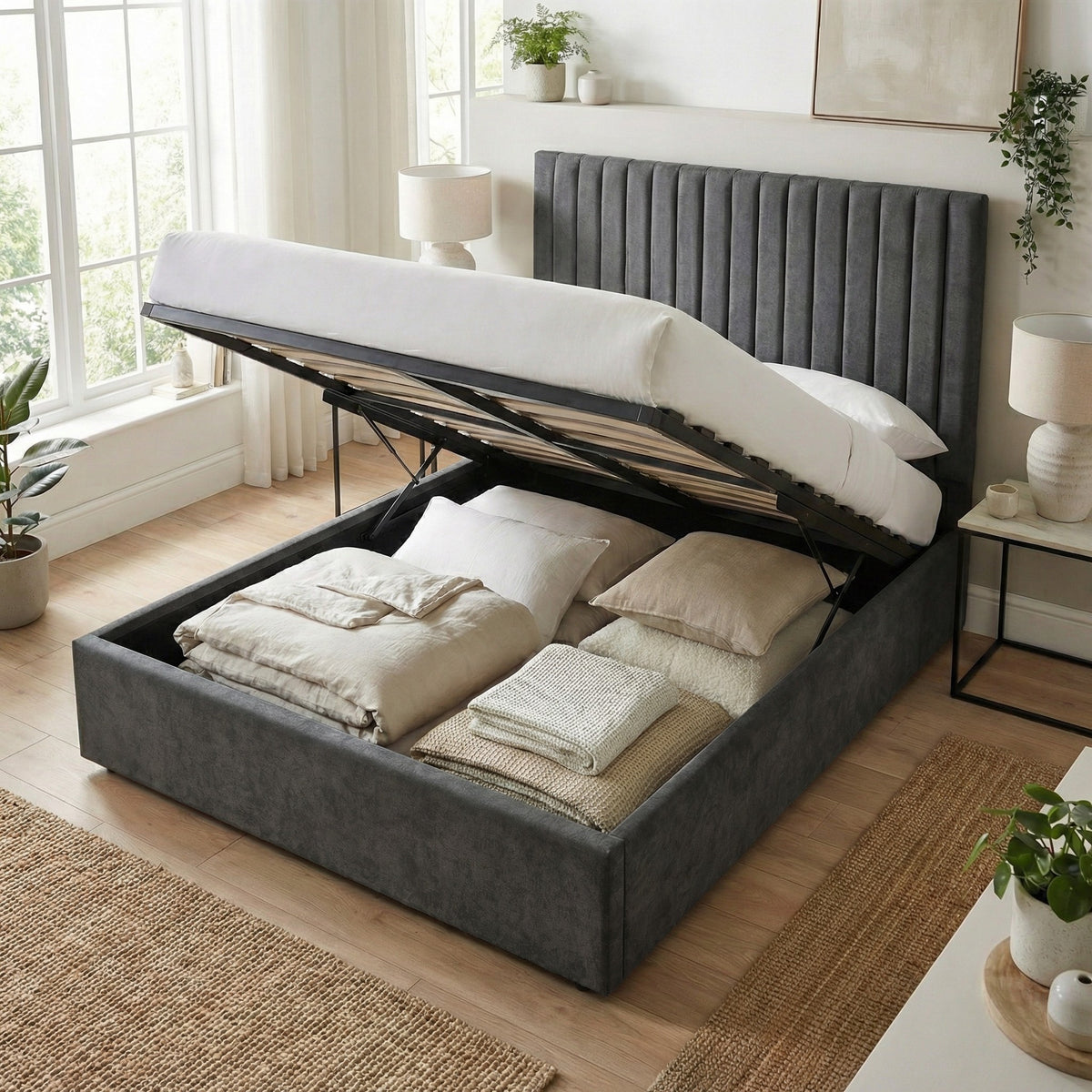 Sollom Double Size Tall Ottoman Storage Bedframe - Nickel Grey Fabric