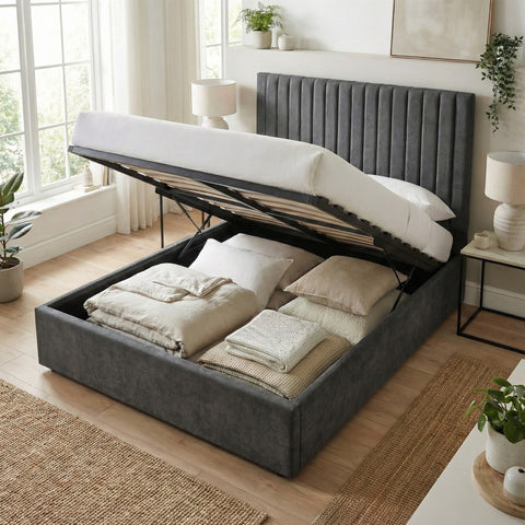 Sollom King Size Tall Ottoman Storage Bedframe - Nickel Grey Fabric