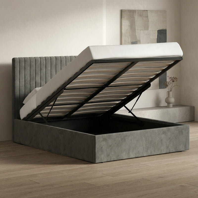 Sollom Double Size Tall Ottoman Storage Bedframe - Nickel Grey Fabric