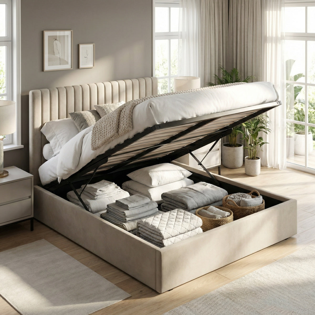Sollom King Size Tall Ottoman Storage Bedframe - Marbled Sand Fabric