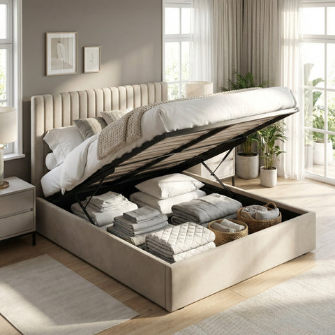 Sollom Double Size Tall Ottoman Storage Bedframe - Marbled Sand Fabric
